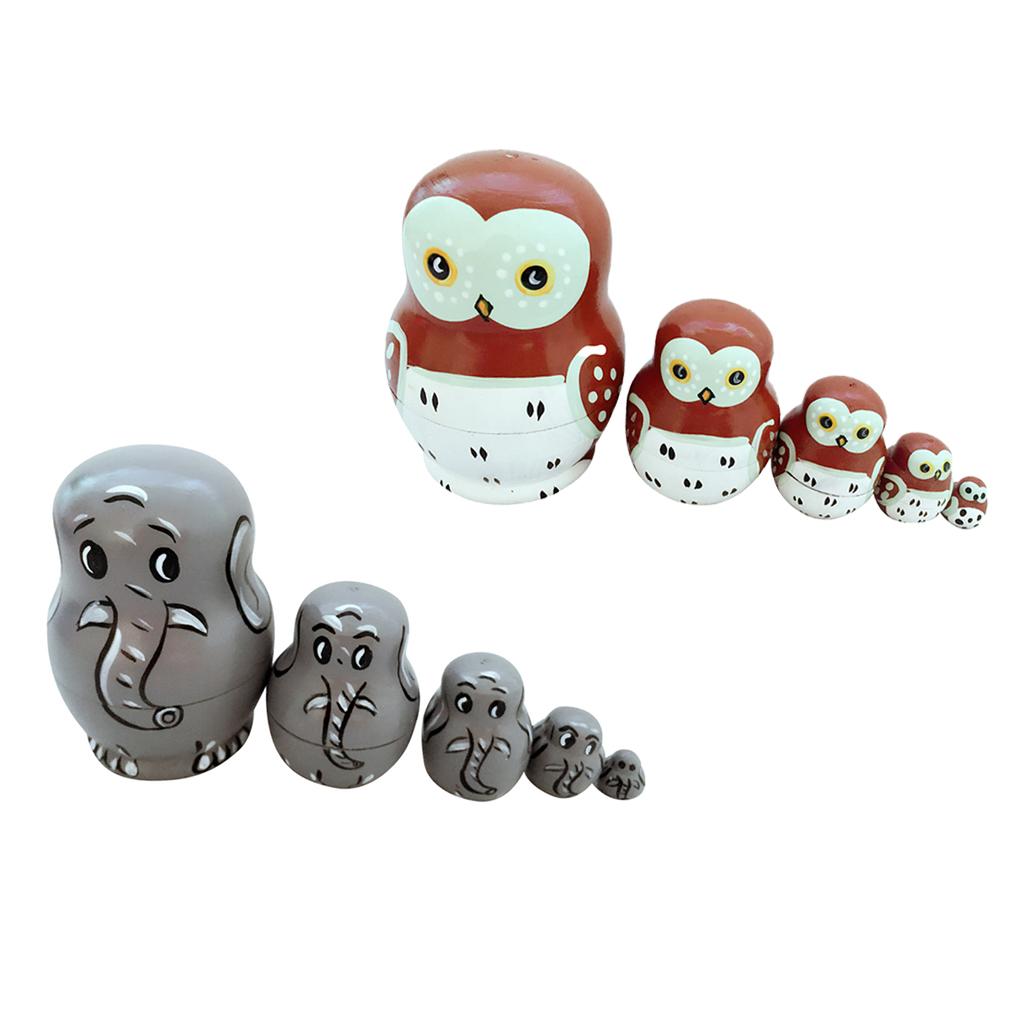 10PCS New Wooden Russian Nesting Dolls Owl Animal & Elephant Hand Painted