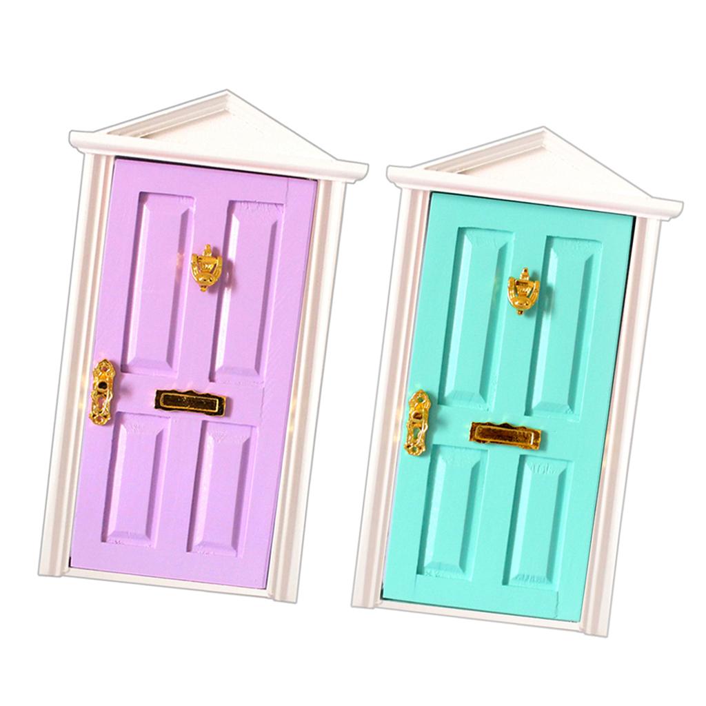 1:12 Dollhouse Miniature Purple & Mint Green Wooden Spire Door with Hardware