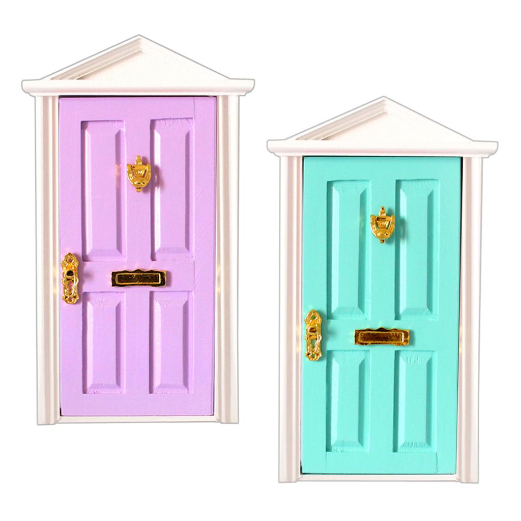 1:12 Dollhouse Miniature Purple & Mint Green Wooden Spire Door with Hardware