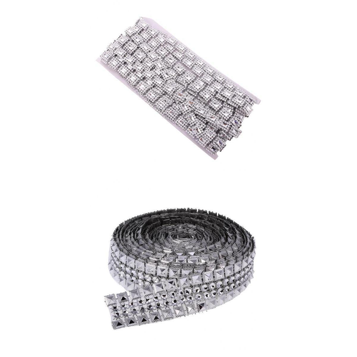 2 Pieces Crystal Rhinestone Chain Mesh Ribbon Trim Sewing Applique Silver