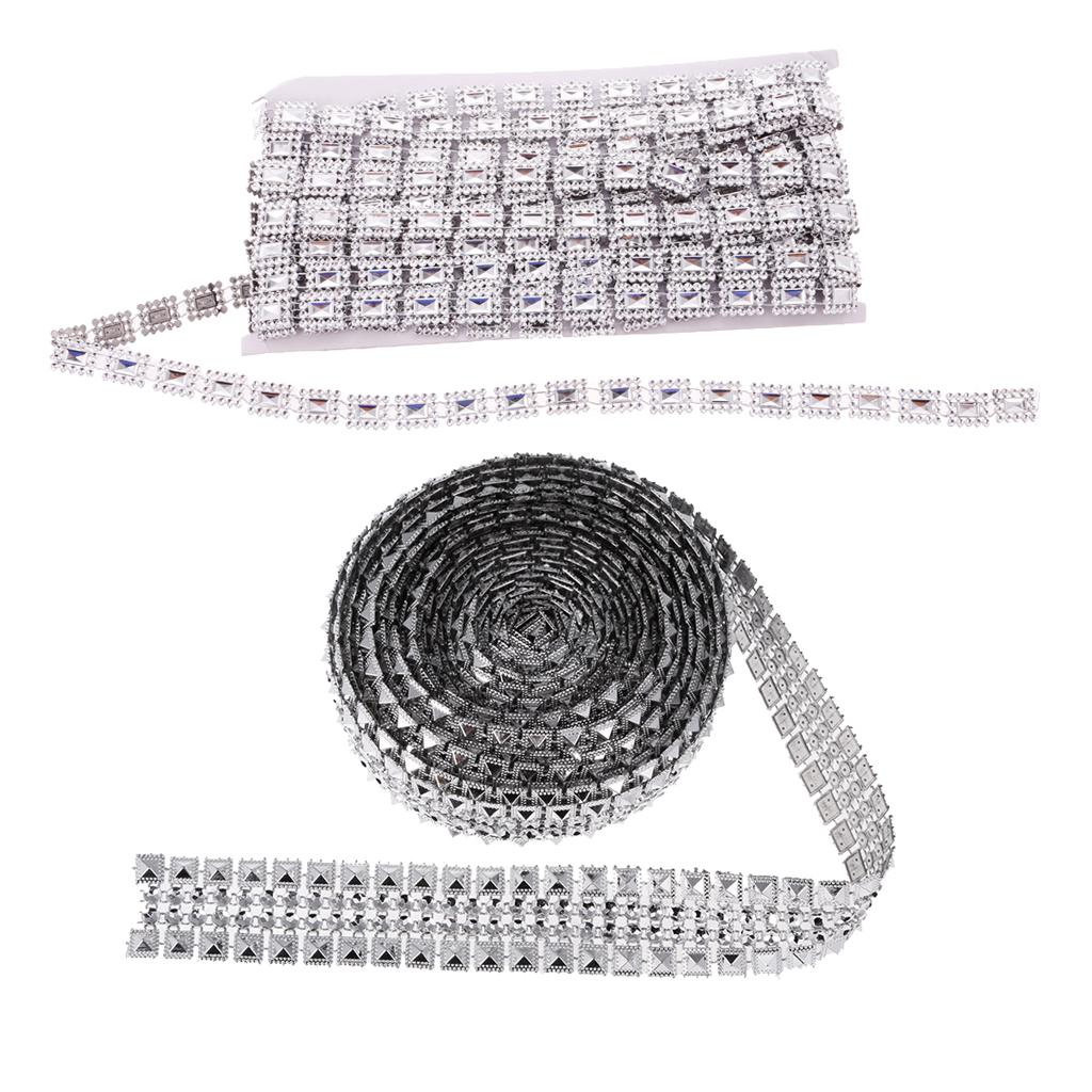 2 Pieces Crystal Rhinestone Chain Mesh Ribbon Trim Sewing Applique Silver