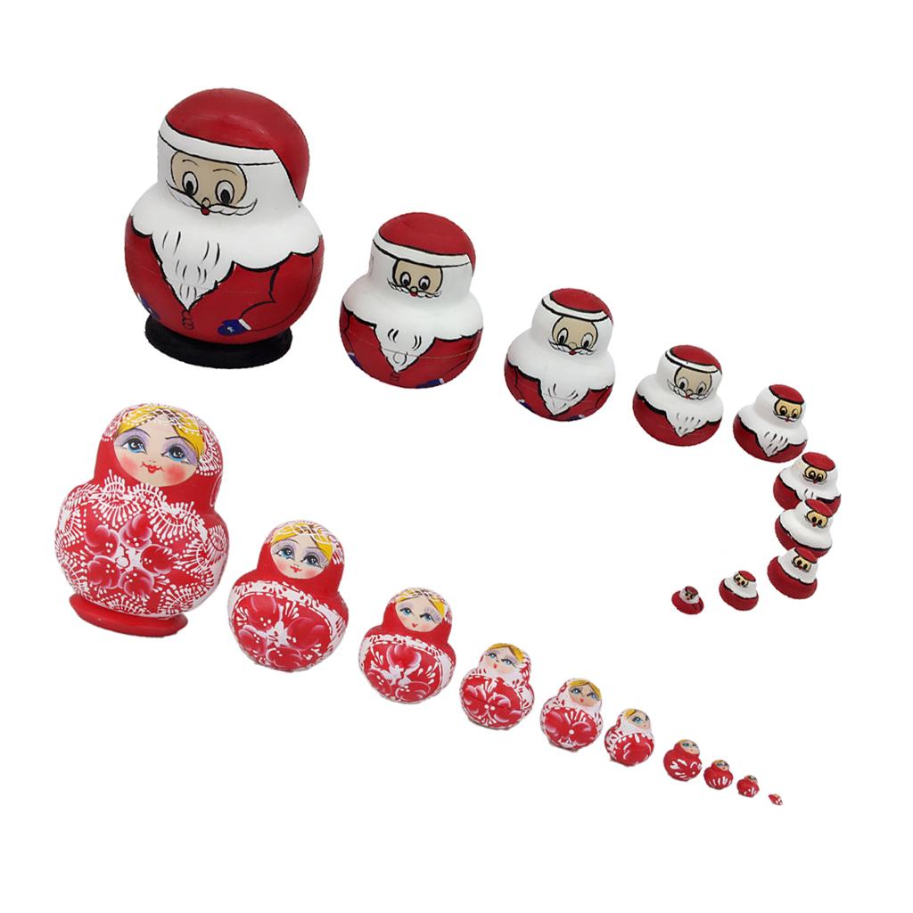 2Sets Hand Painted Wooden Russian Nesting Doll Santa And Flower Girl Pattern