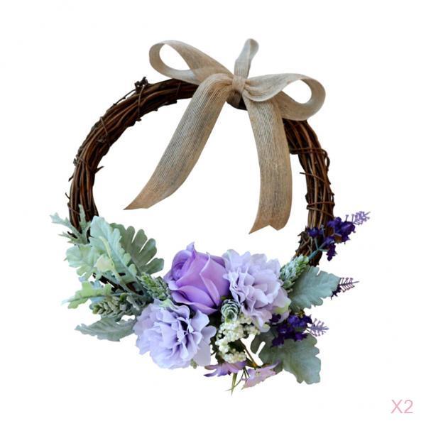 2pcs Rattan Artificial Flower Wreath Front Door Wreath Wedding Decor Purple