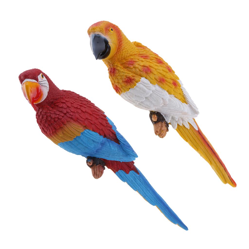 2x Realistic Parrot Resin Bird Animal Ornament Hanging Yellow & Red Blue