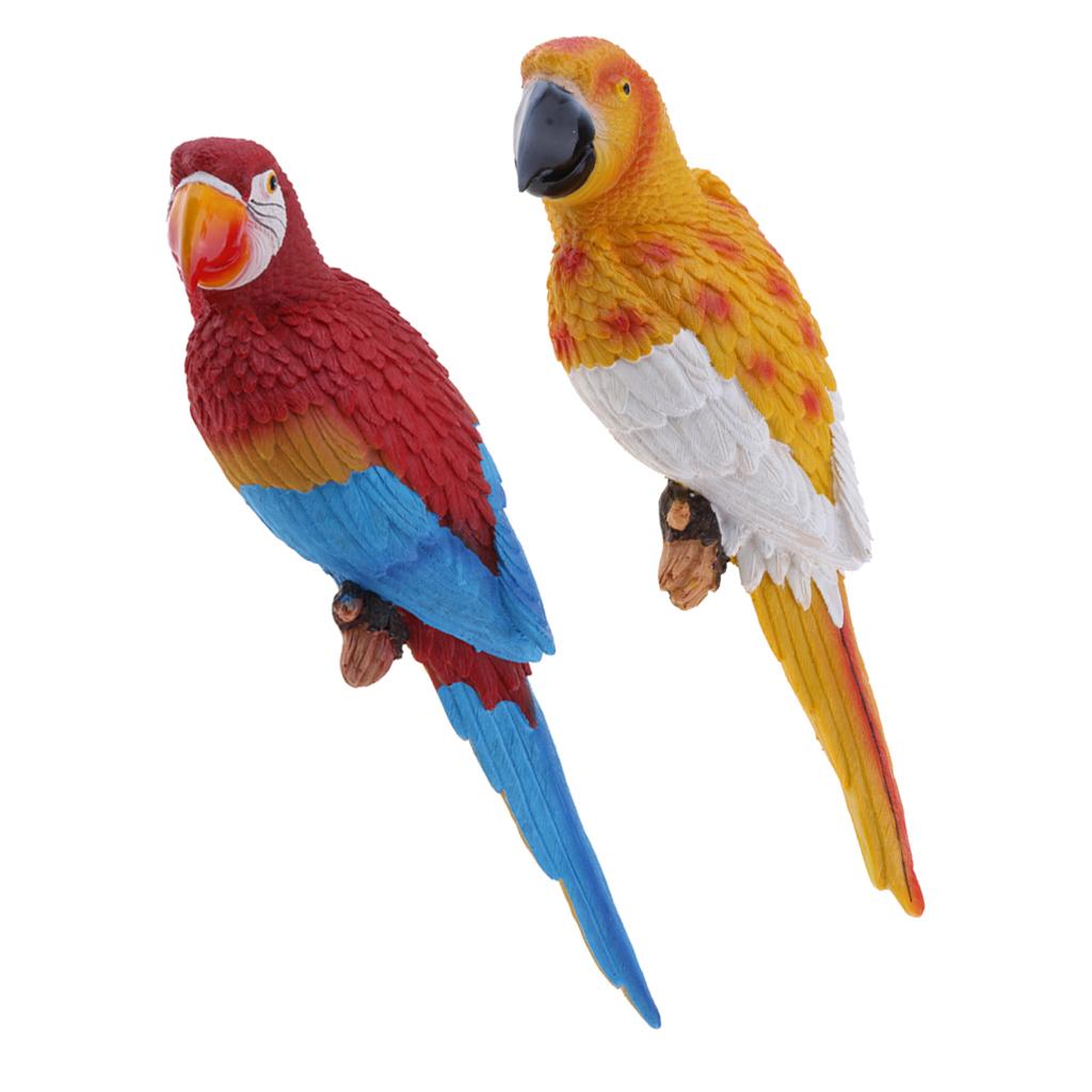 2x Realistic Parrot Resin Bird Animal Ornament Hanging Yellow & Red Blue