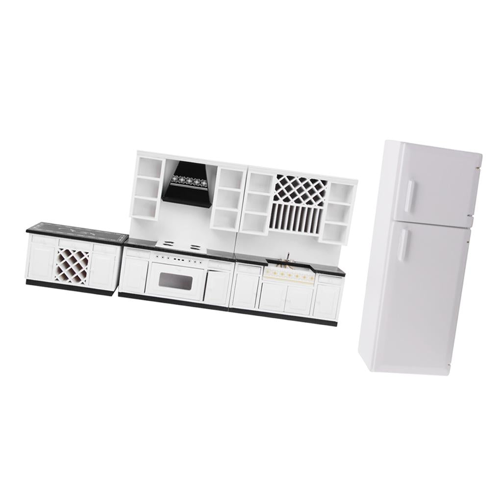 1/12 Dollhouse Miniature Wood Kitchen Cabinet Fridge Model Furniture Kit