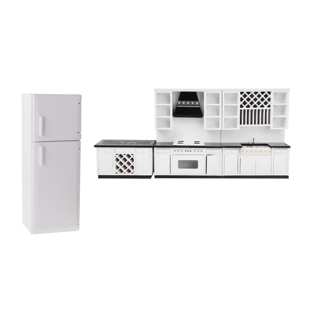 1/12 Dollhouse Miniature Wood Kitchen Cabinet Fridge Model Furniture Kit