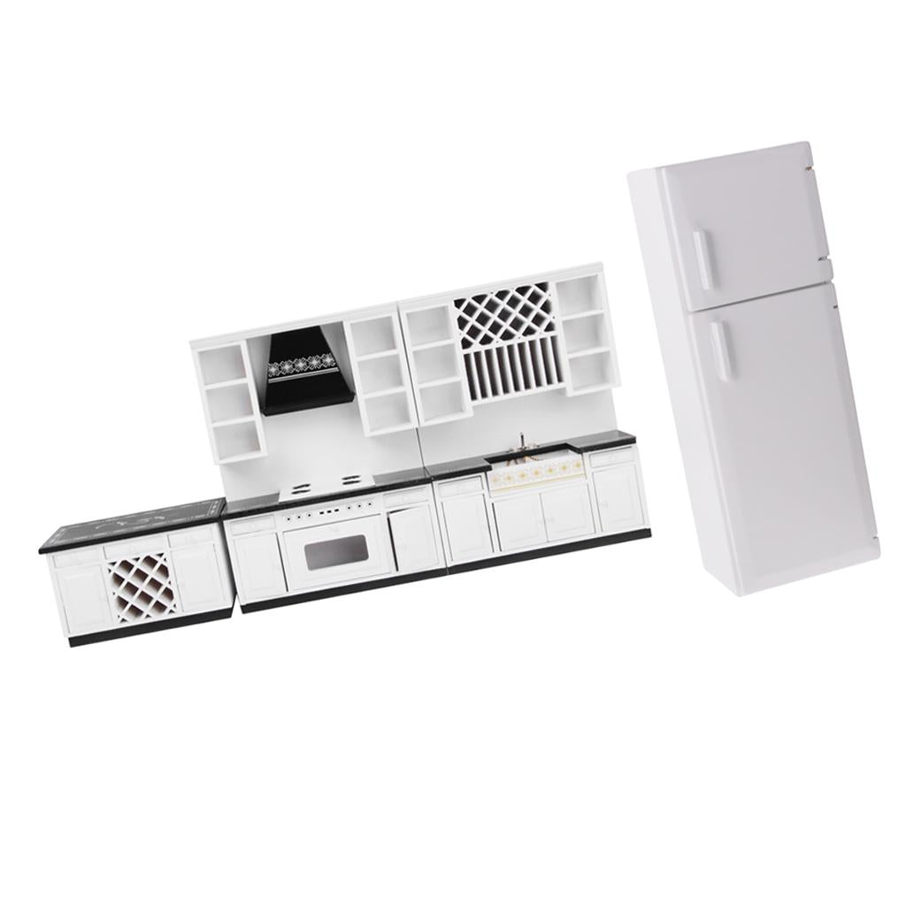 1/12 Dollhouse Miniature Wood Kitchen Cabinet Fridge Model Furniture Kit