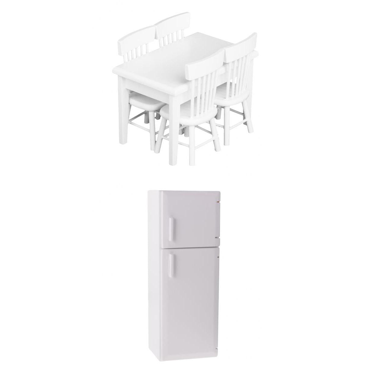 1/12 Dollhouse Miniature Kitchen Wooden Refrigerator & Table Chair Set White