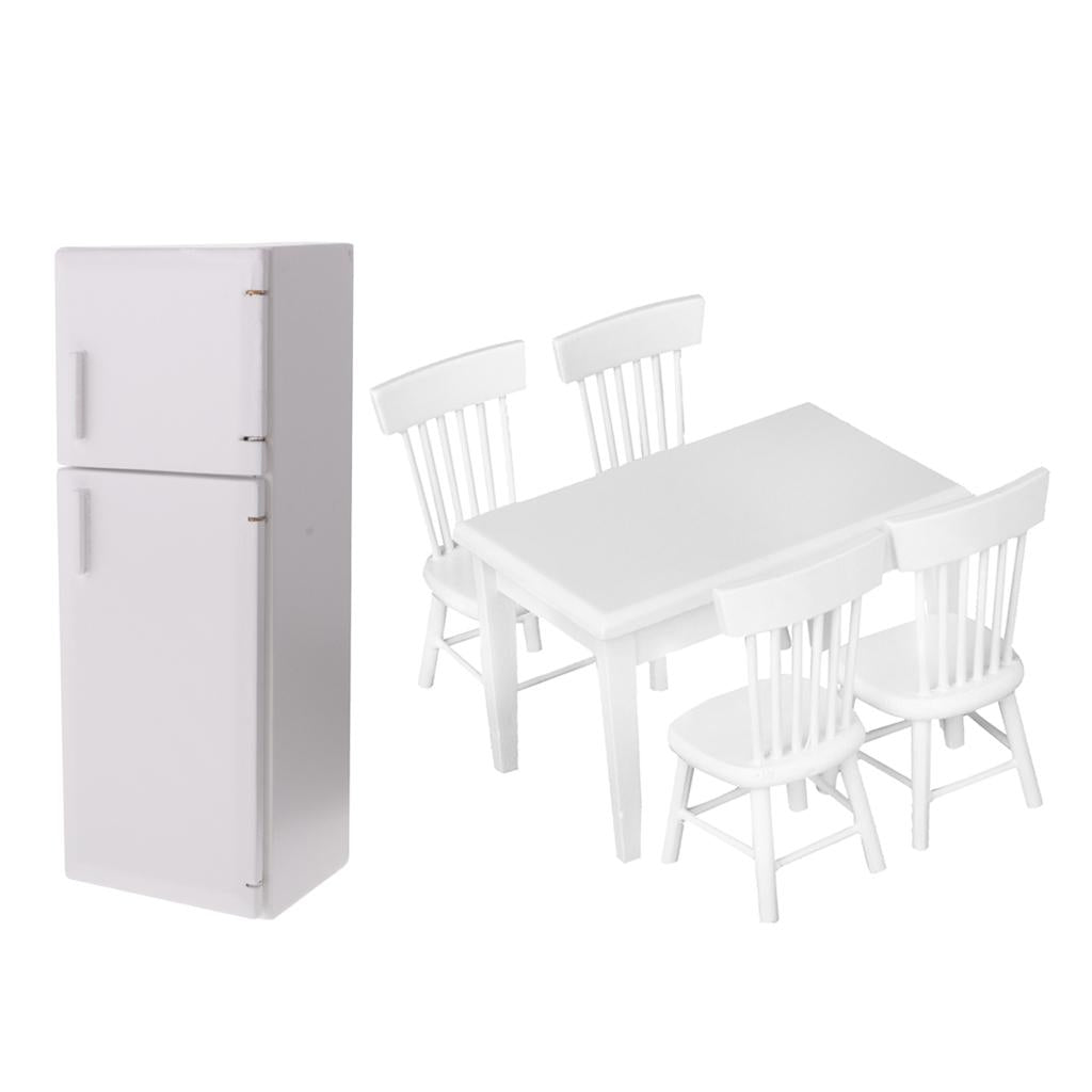 1/12 Dollhouse Miniature Kitchen Wooden Refrigerator & Table Chair Set White