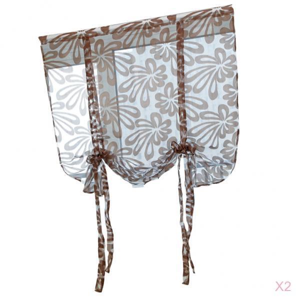 2PCS Tie-up Jacquard Roman Window Curtain Sheer Coffee 80x100cm