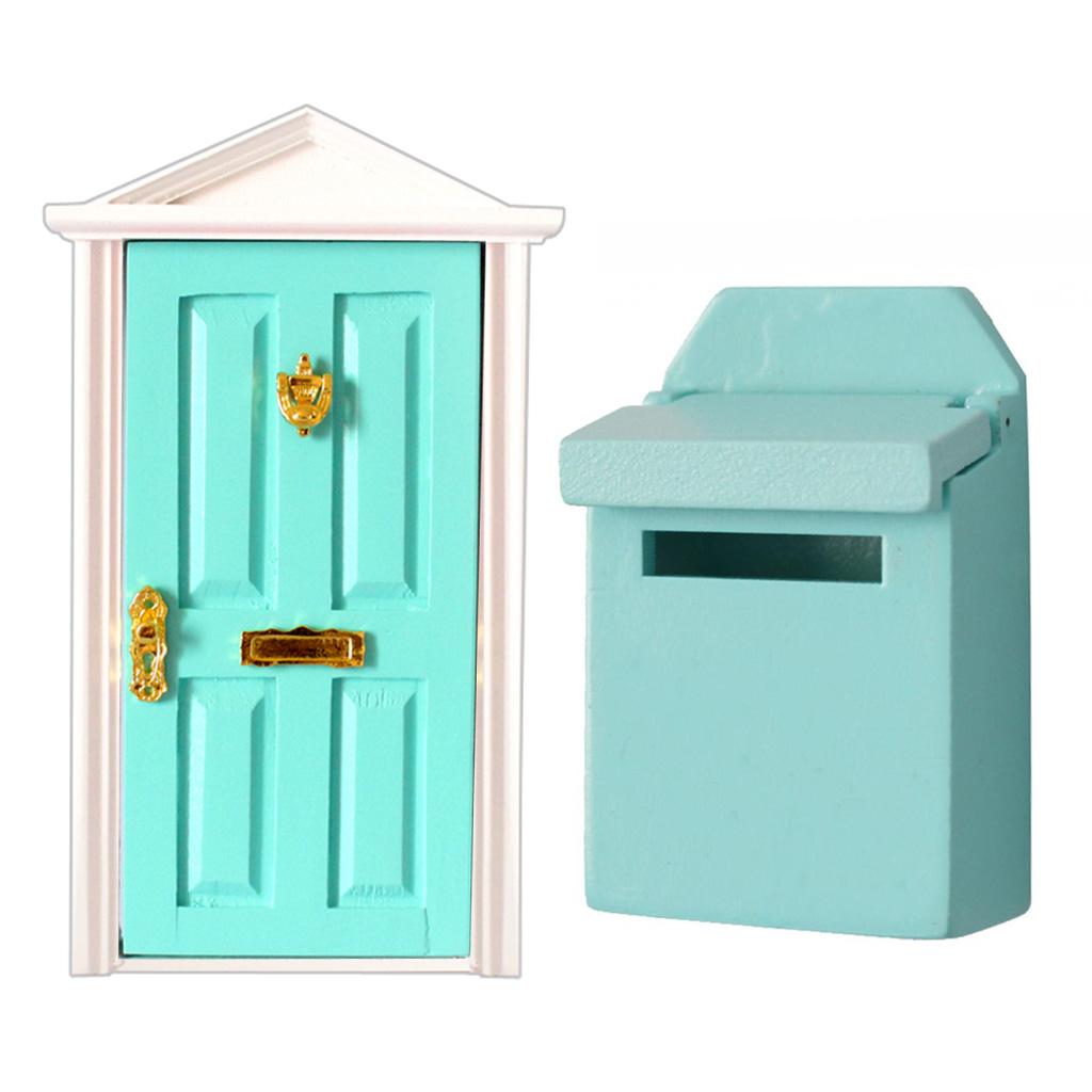 1/12 Dollhouse Miniature Mint Green Wooden Steepletop Door & Mailbox Accs