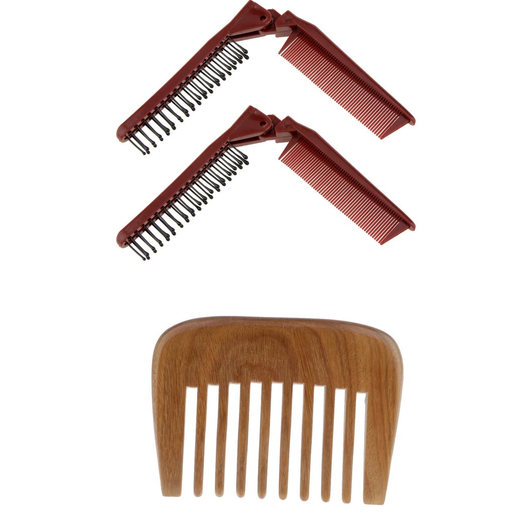2Pcs Plastic Pocket Travel Folding Hair Brush + Sandalwood Comb Anti Static