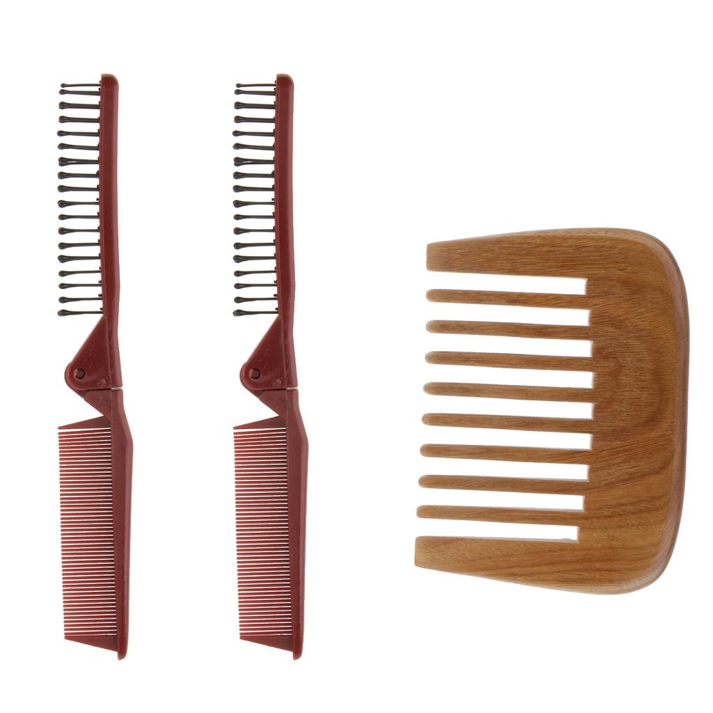 2Pcs Plastic Pocket Travel Folding Hair Brush + Sandalwood Comb Anti Static
