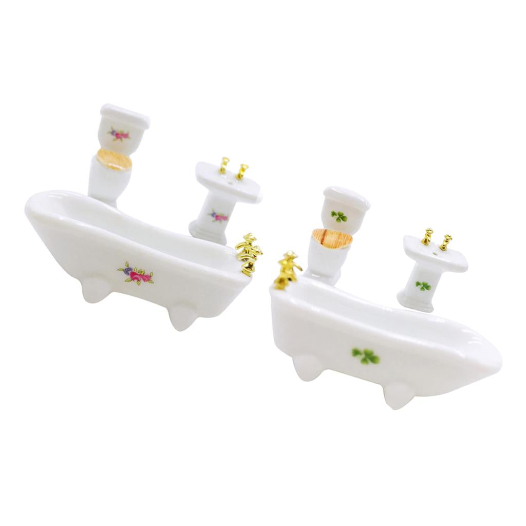 2 Sets Miniature Bathroom Set Ceramic Bathroom Furniture For 1/24 Dollhouse