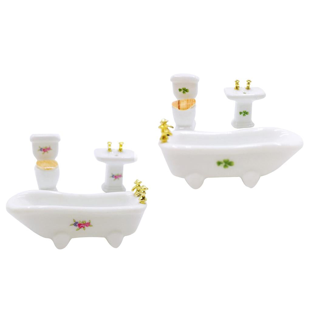 2 Sets Miniature Bathroom Set Ceramic Bathroom Furniture For 1/24 Dollhouse