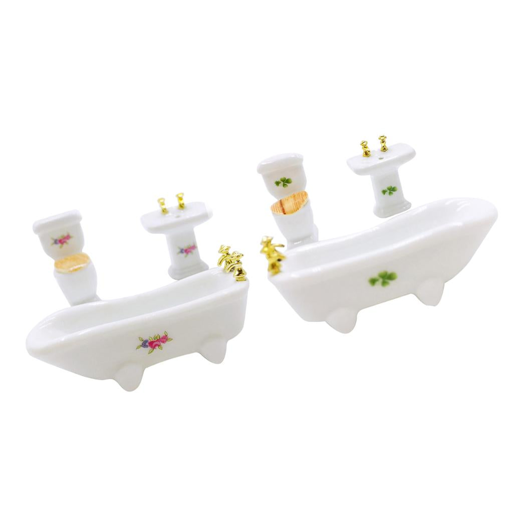 2 Sets Miniature Bathroom Set Ceramic Bathroom Furniture For 1/24 Dollhouse