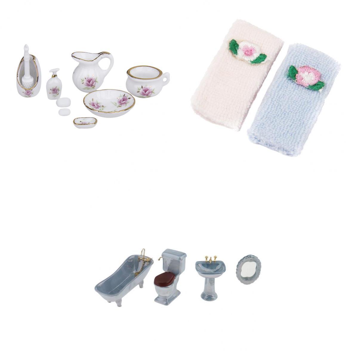 1/12 Dollhouse Mini Furniture Ceramic Bathroom Set Toilet Bathtub & Towels
