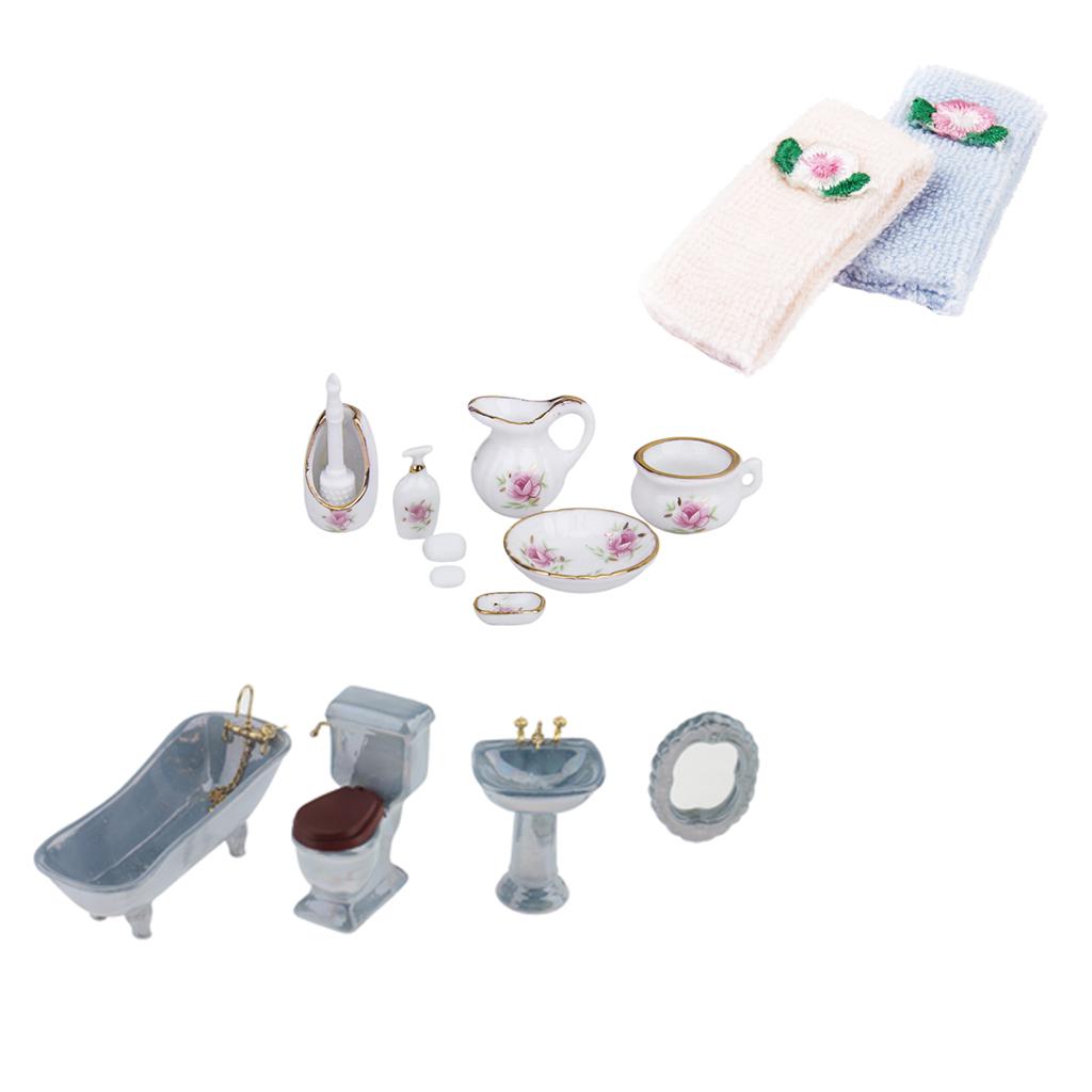 1/12 Dollhouse Mini Furniture Ceramic Bathroom Set Toilet Bathtub & Towels