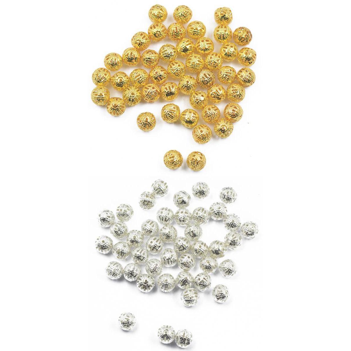 200 Pieces Silver Gold Alloy Filigree Hollow Spacer Beads Loose Charms 8mm