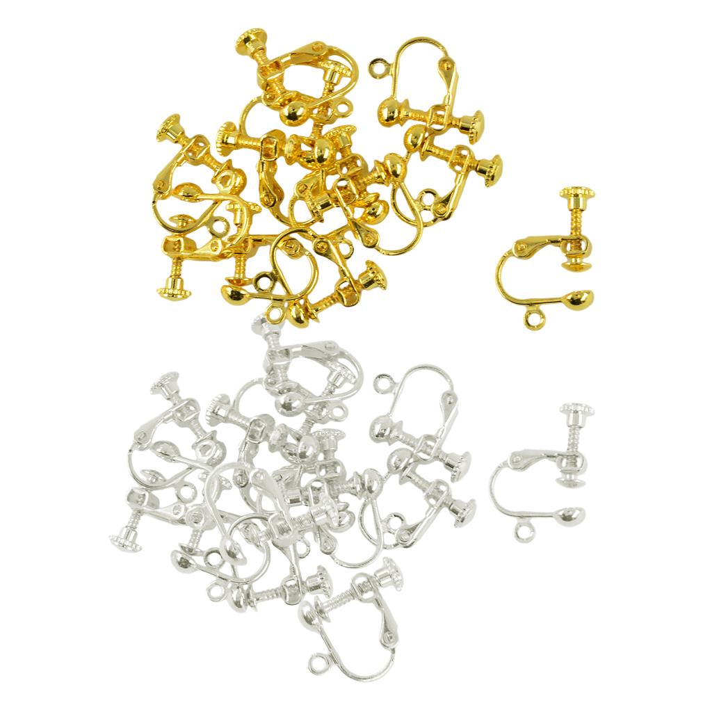 24 Pieces Non-Piercing Screw Earrings Clips Flat Hook Findings Silver Gold