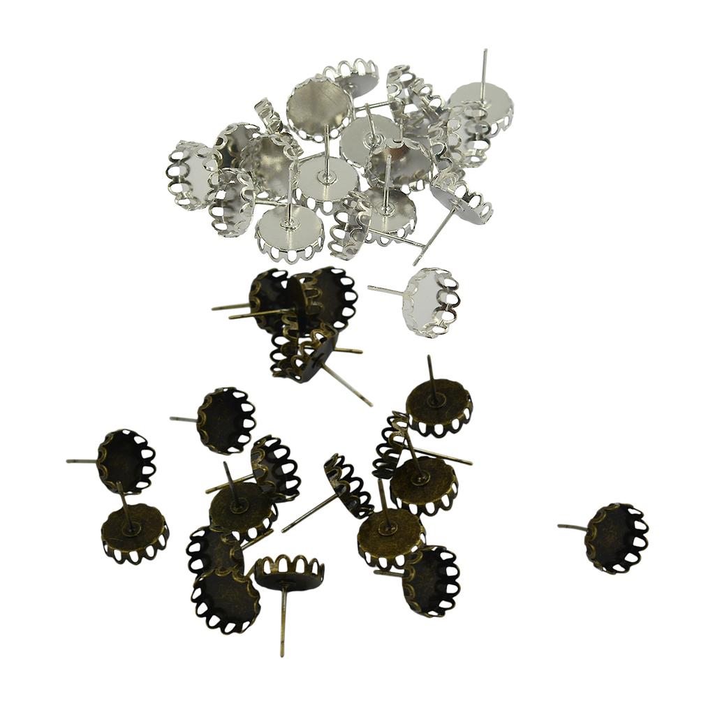 40Pcs 10mm Filigree Cabochon Ear Studs Blank Bezel Setting Silver & Bronze