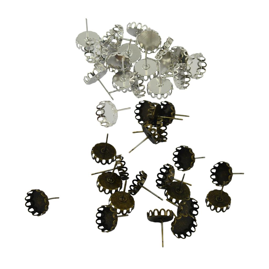 40Pcs 10mm Filigree Cabochon Ear Studs Blank Bezel Setting Silver & Bronze