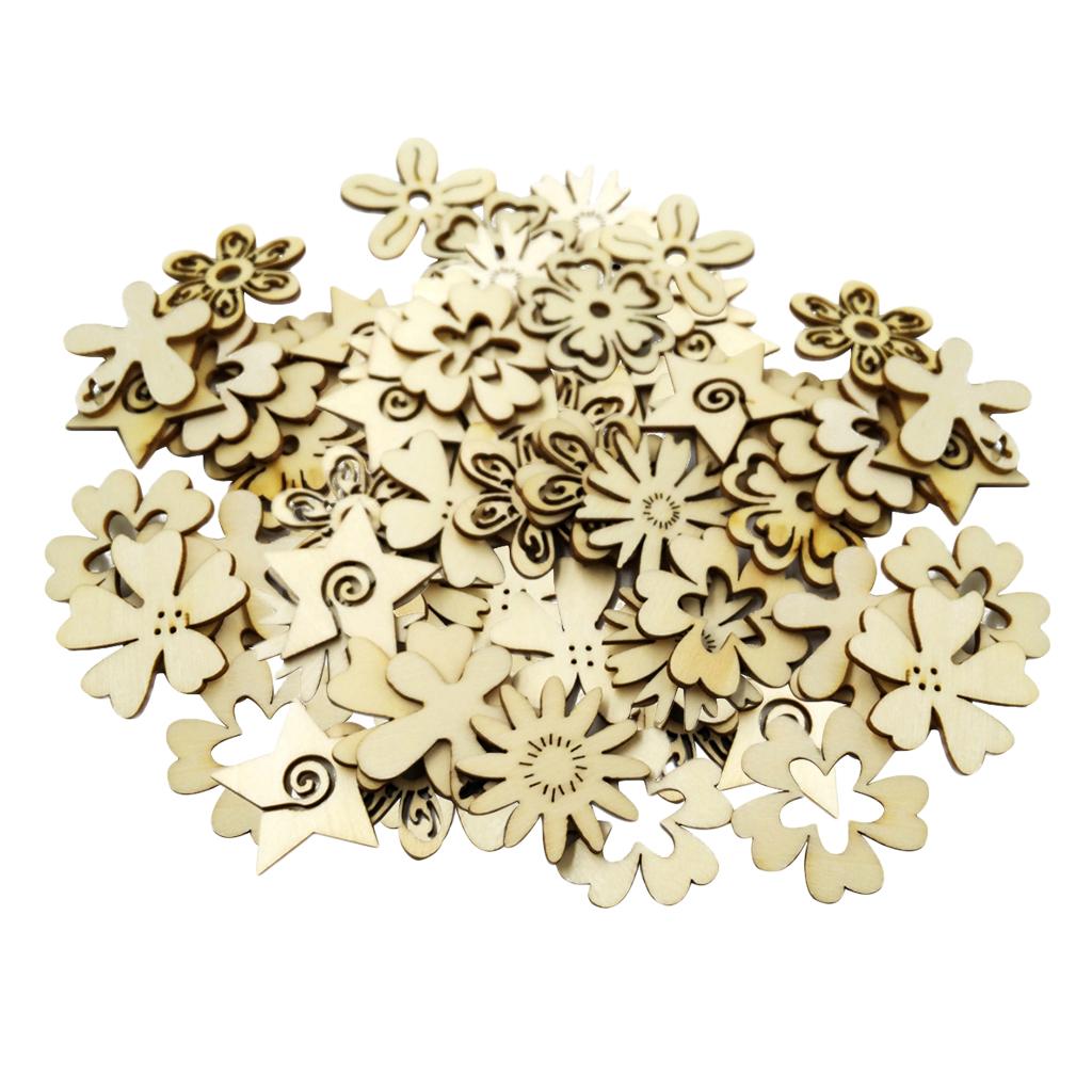 100 Pieces Mixed Natural Cut Wood Flower Shapes Scrapbooking Embellishments