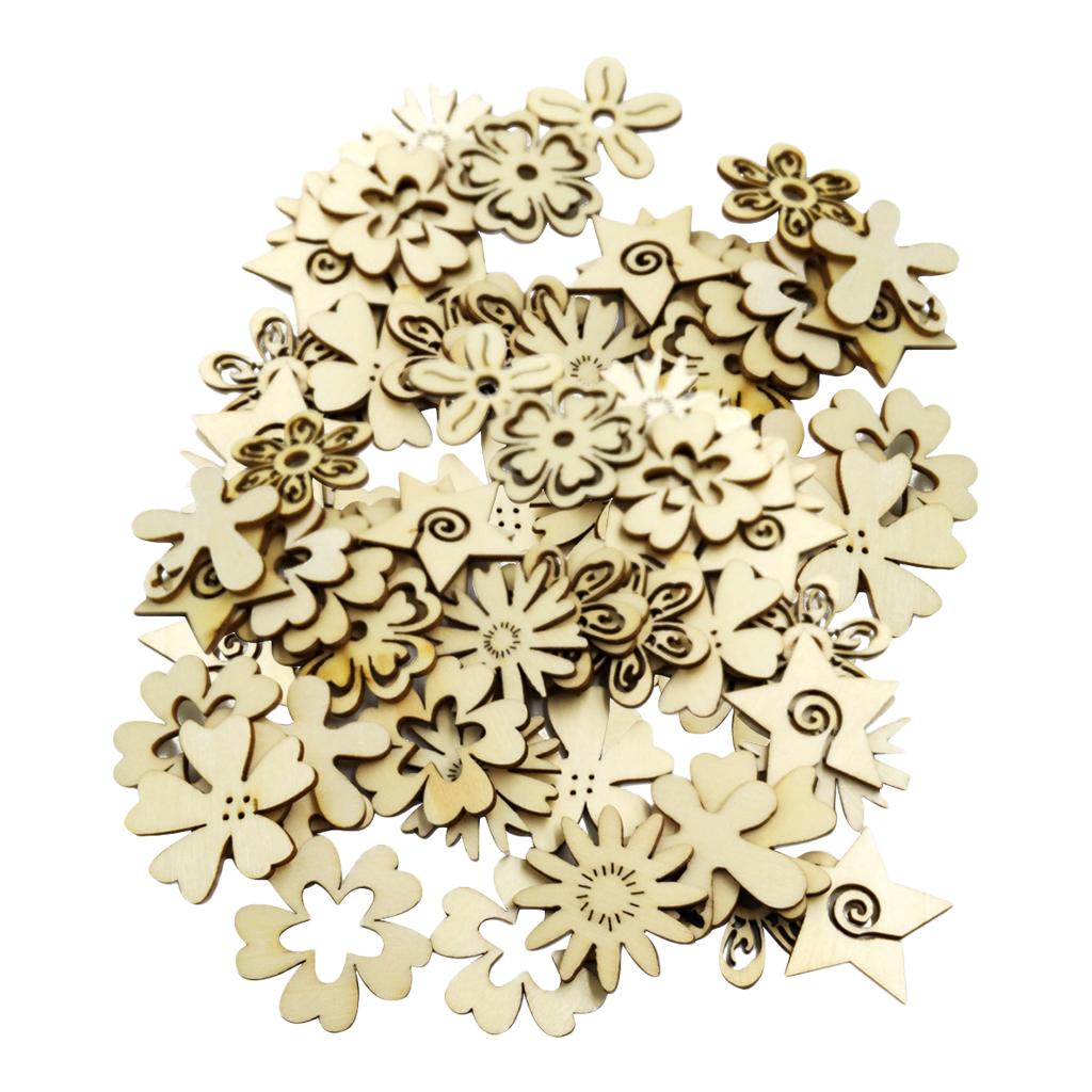 100 Pieces Mixed Natural Cut Wood Flower Shapes Scrapbooking Embellishments