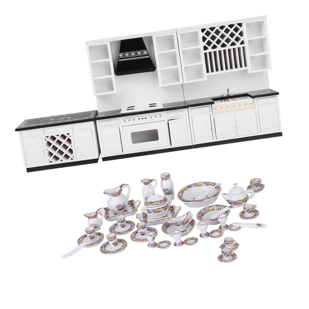 1/12 Scale Dollhouse Miniature Furniture Wooden Kitchen Set & Tableware Set