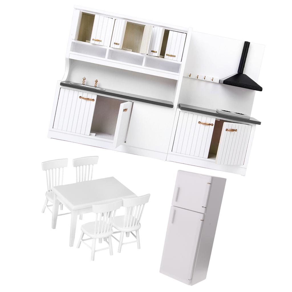 1/12 Dollhouse Miniature Wood Kitchen Furniture Set Fridge Table Chair Model