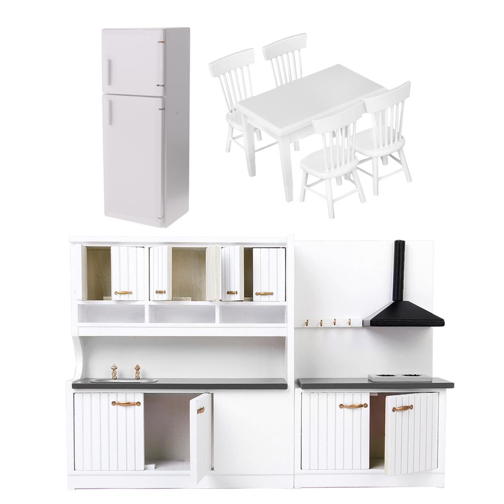 1/12 Dollhouse Miniature Wood Kitchen Furniture Set Fridge Table Chair Model