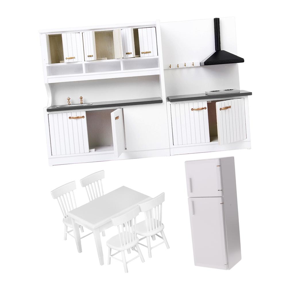 1/12 Dollhouse Miniature Wood Kitchen Furniture Set Fridge Table Chair Model