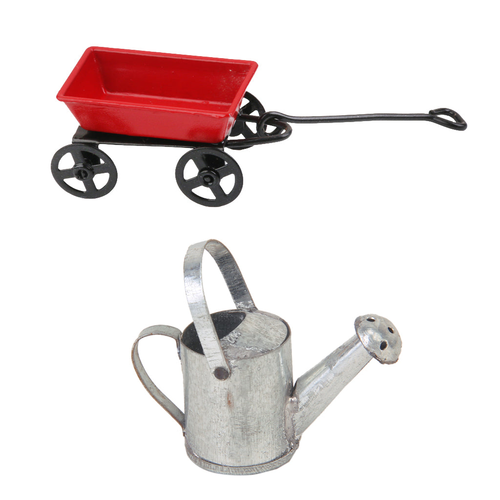 2pcs 1:12 Dollhouse Miniature Garden Tools Metal Pulling Cart & Watering Can