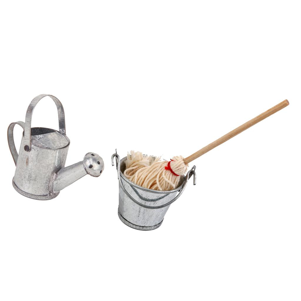 1/12 Dollhouse Miniature Furniture Mop Bucket & Garden Metal Watering Can