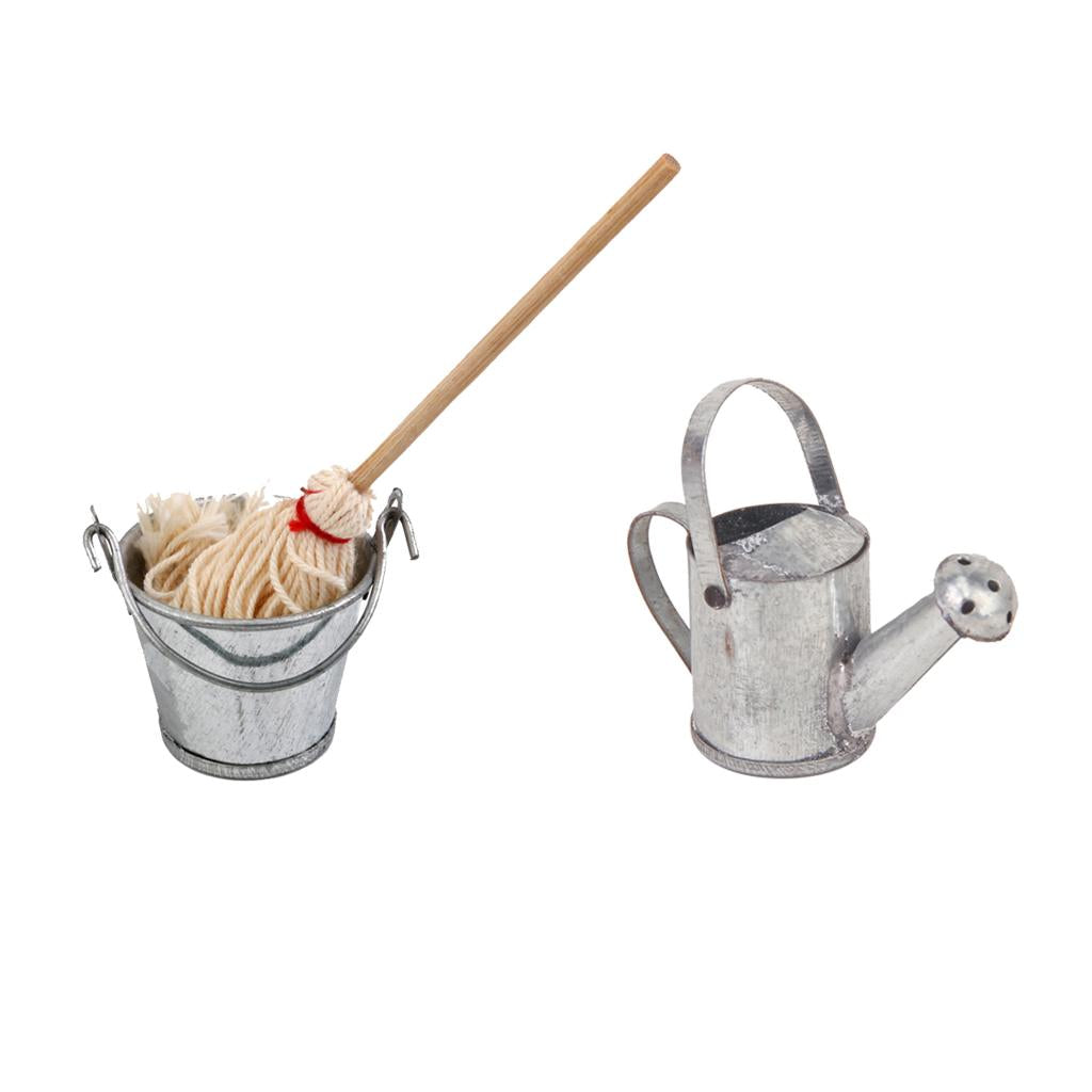 1/12 Dollhouse Miniature Furniture Mop Bucket & Garden Metal Watering Can