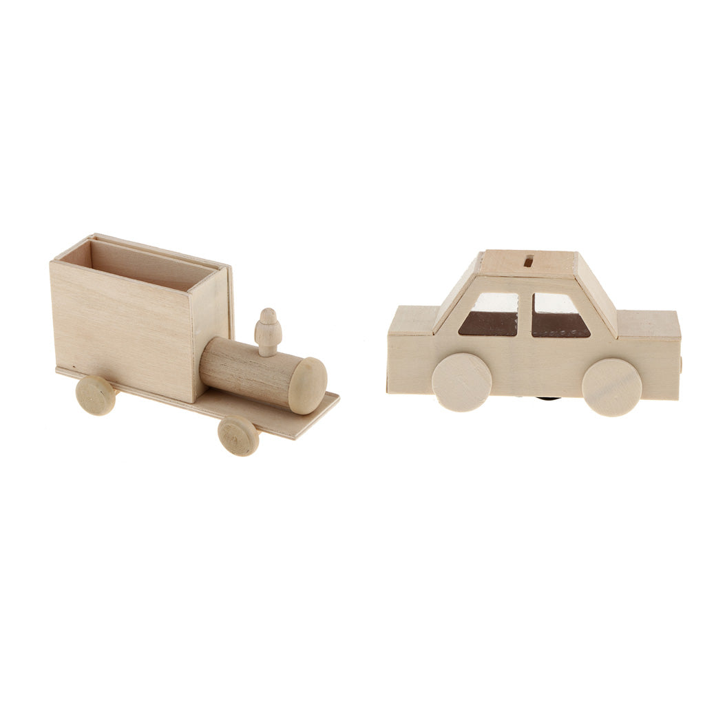 2Pcs Unfinished Wood Pen Holder Kids DIY Craft Supply Train And Car