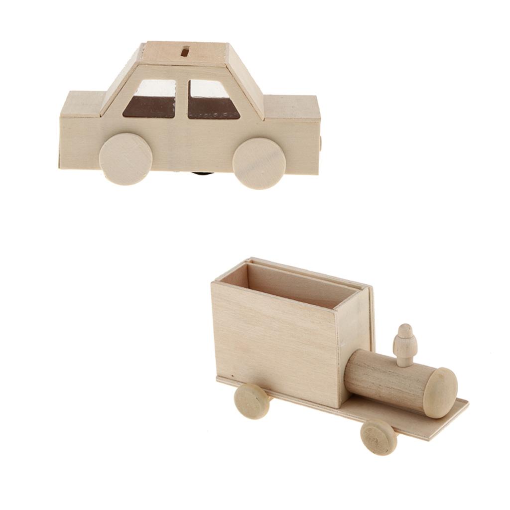 2Pcs Unfinished Wood Pen Holder Kids DIY Craft Supply Train And Car