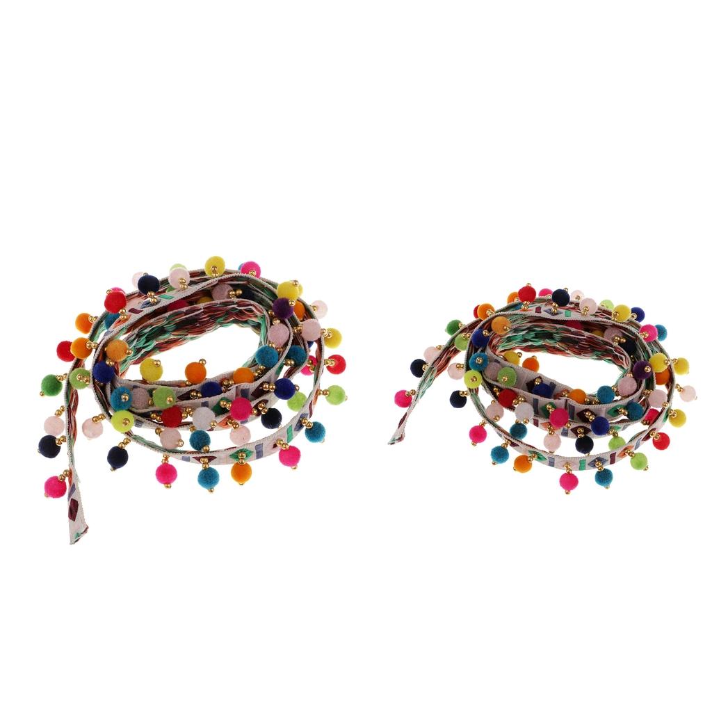 2Pcs Ethnic Fringed Tassel Lace Jacquard Ribbon with Pompom Ball Trim 1 Yard