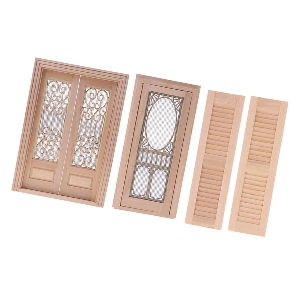 4 Pieces 1/12 Dollhouse Miniature Wood External Hollow Screen Door Shutters