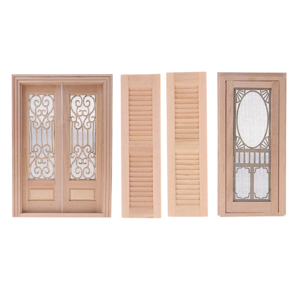 4 Pieces 1/12 Dollhouse Miniature Wood External Hollow Screen Door Shutters
