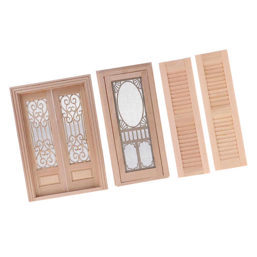 4 Pieces 1/12 Dollhouse Miniature Wood External Hollow Screen Door Shutters