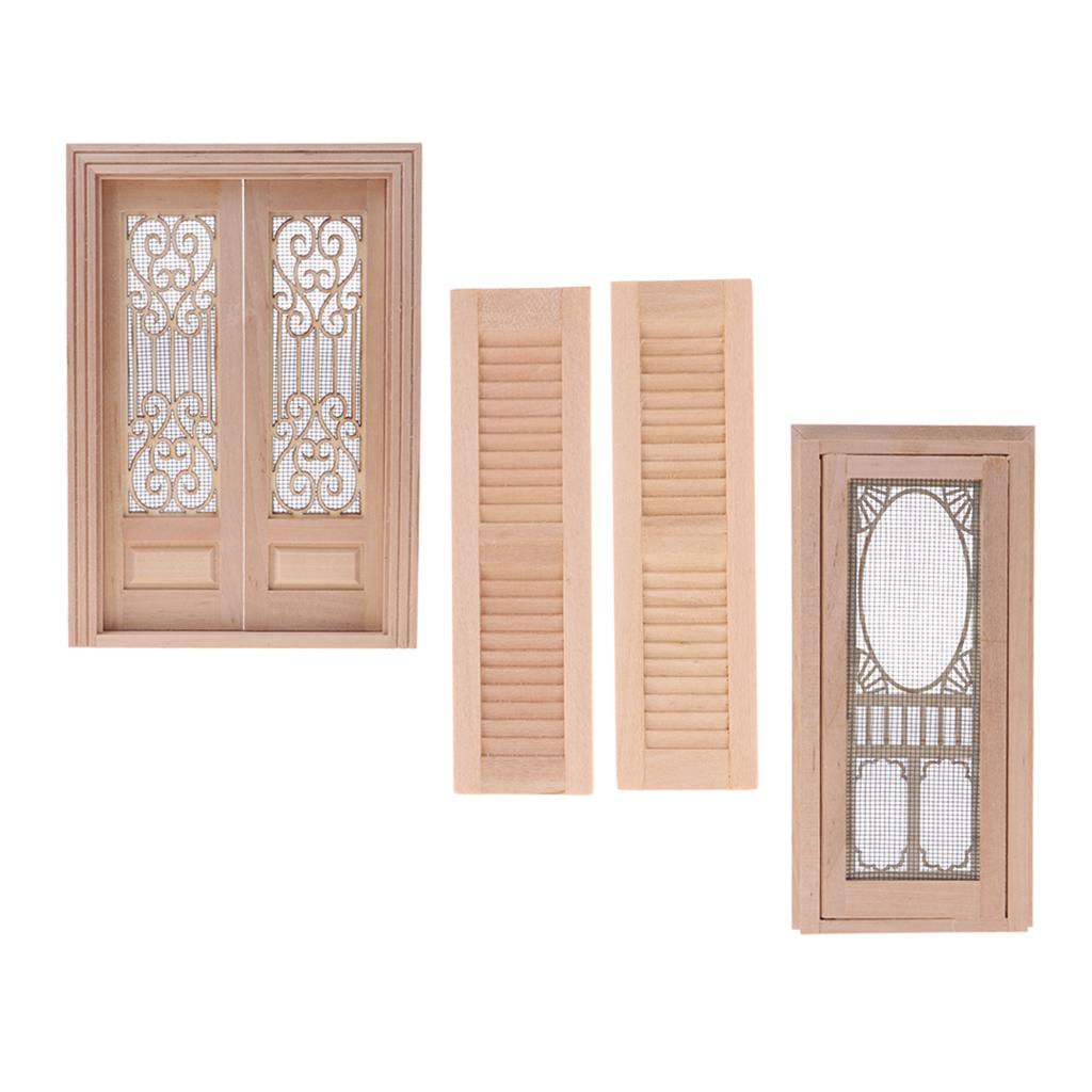 4 Pieces 1/12 Dollhouse Miniature Wood External Hollow Screen Door Shutters