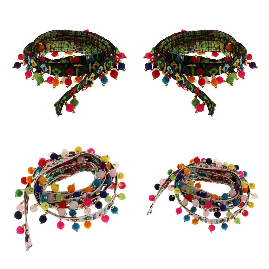 4Pcs 1 Yard Ethnic Style Fringed Lace Jacquard Ribbon with Pompom Ball Trim