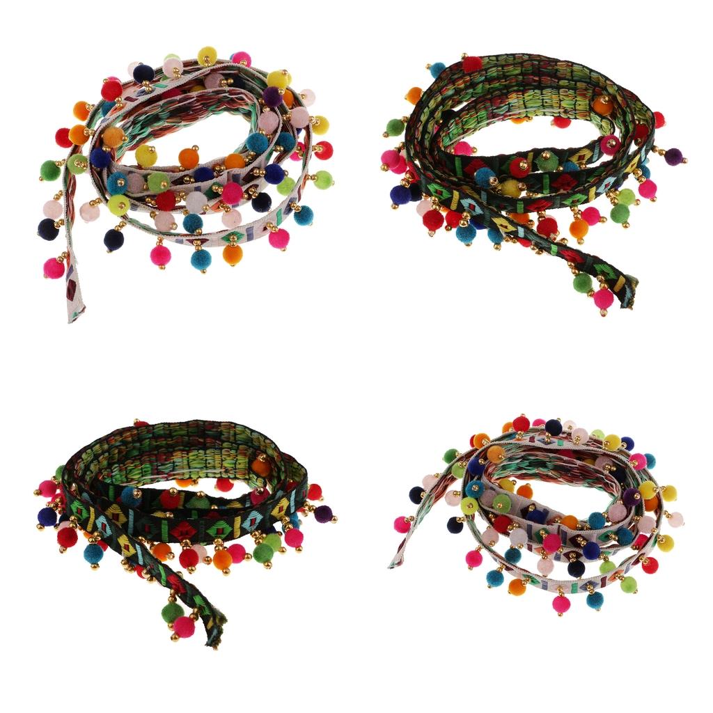 4Pcs 1 Yard Ethnic Style Fringed Lace Jacquard Ribbon with Pompom Ball Trim