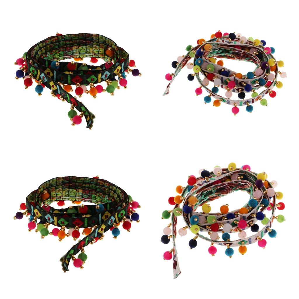 4Pcs 1 Yard Ethnic Style Fringed Lace Jacquard Ribbon with Pompom Ball Trim