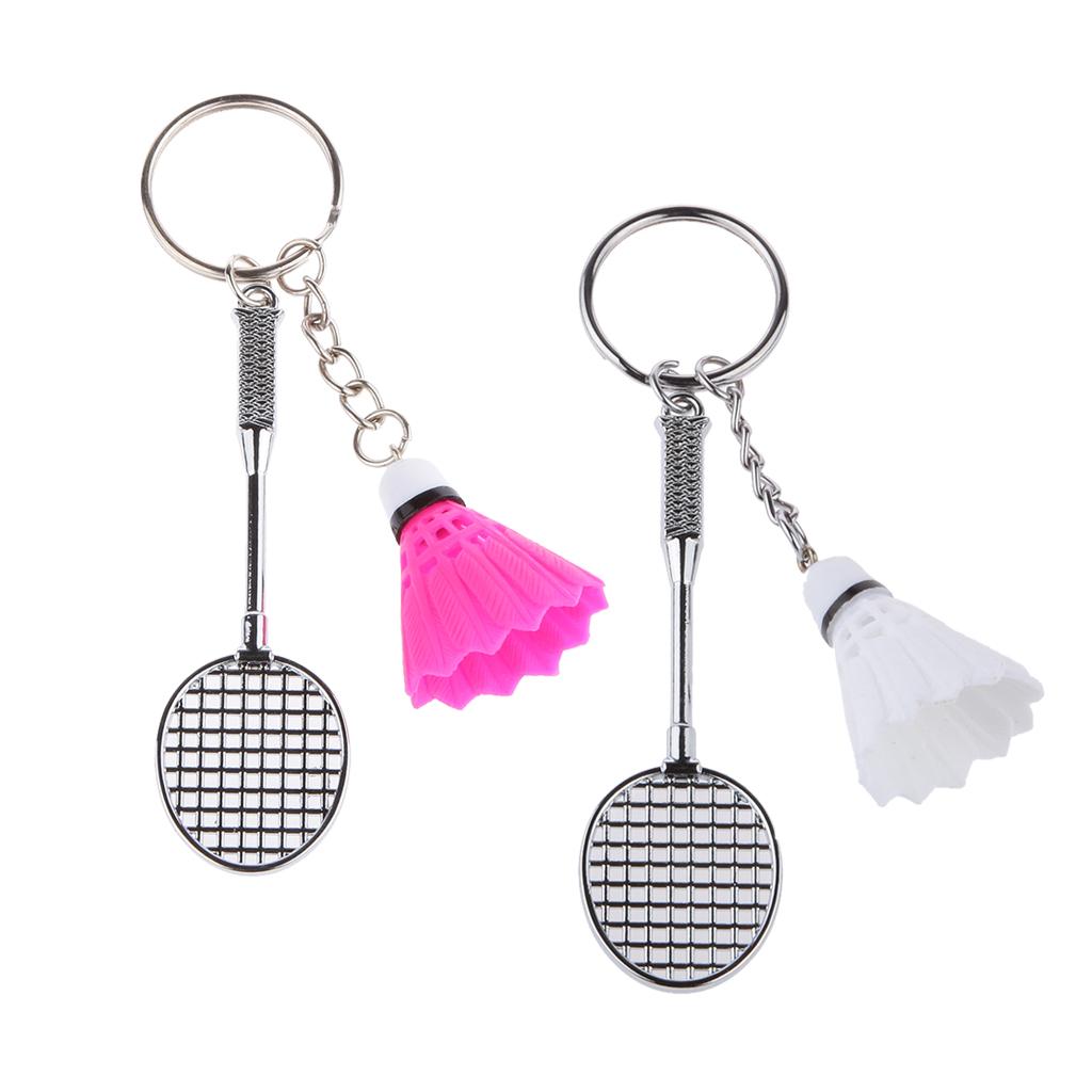 2Pcs Bedminton Racket Shuttlecock Pendant Keyring Keychain Fuchsia White