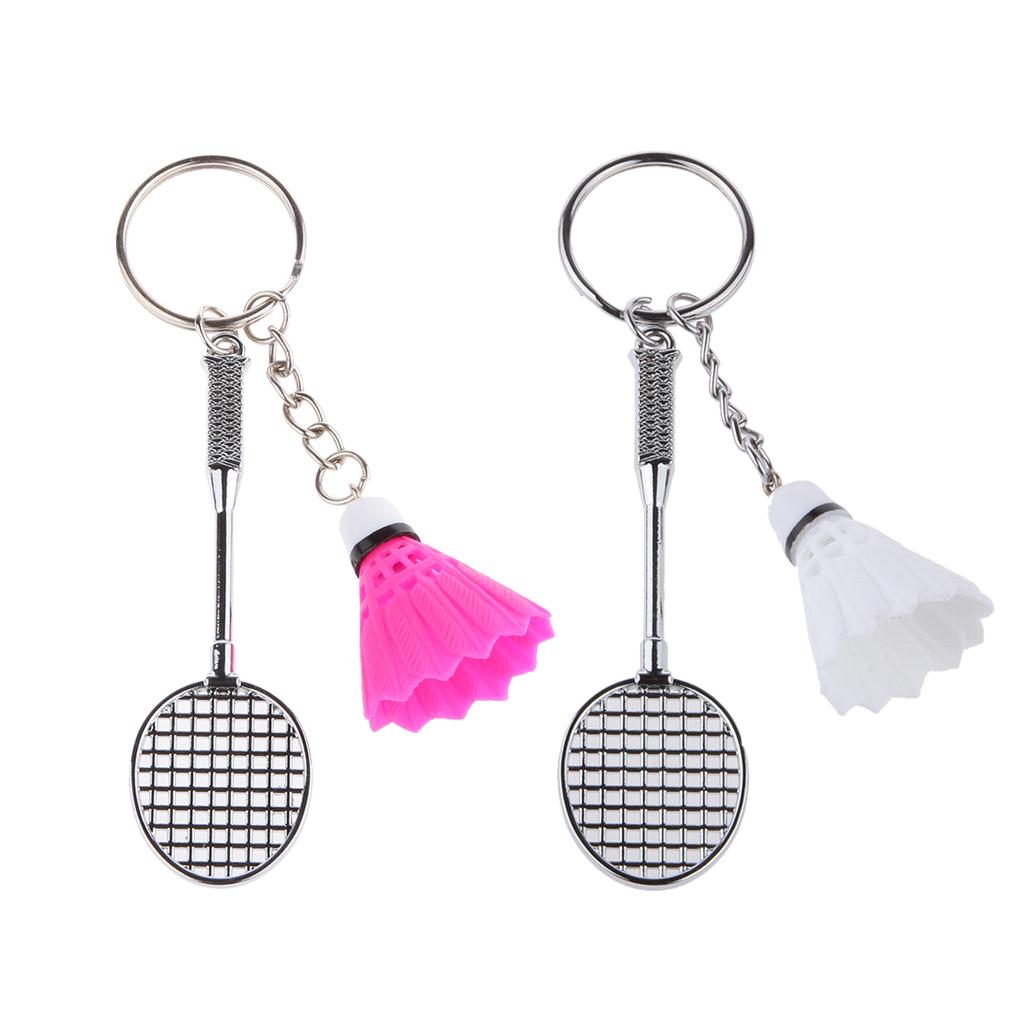 2Pcs Bedminton Racket Shuttlecock Pendant Keyring Keychain Fuchsia White
