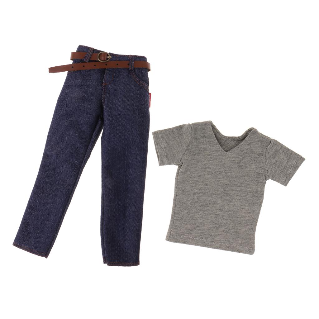 1/6 Men's Short Sleeve and Denim Jeans Pants for 12'' Action Figure Body