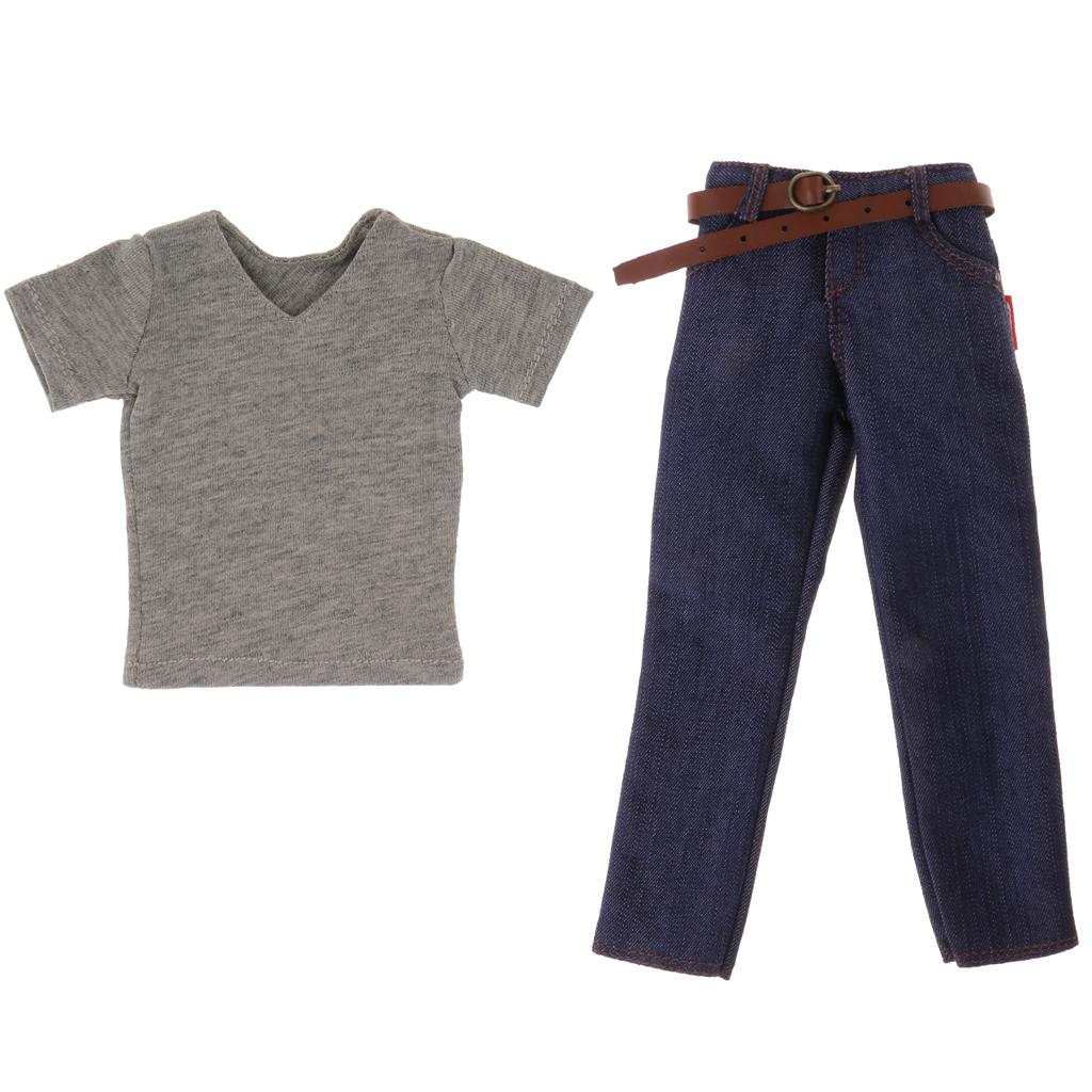 1/6 Men's Short Sleeve and Denim Jeans Pants for 12'' Action Figure Body